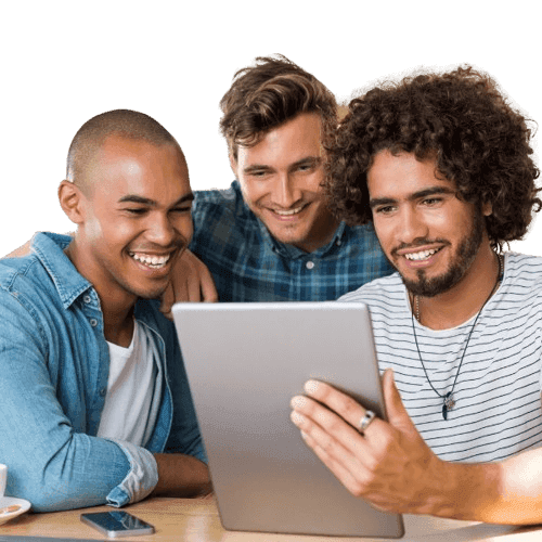 Two people reviewing credit insights on an iPad.