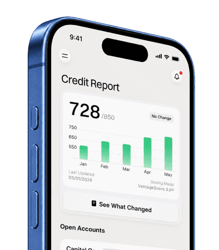 iPhone showing a credit score of 728 with a 63 point increase in the Dovly AI app