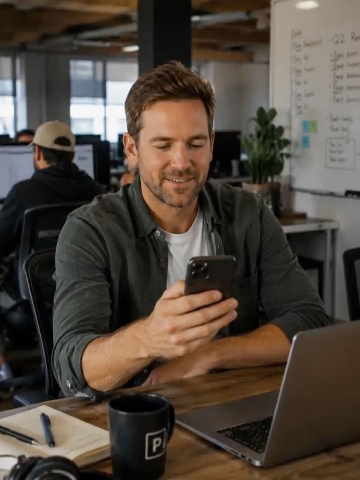 Man at an office desk smiling at his phone