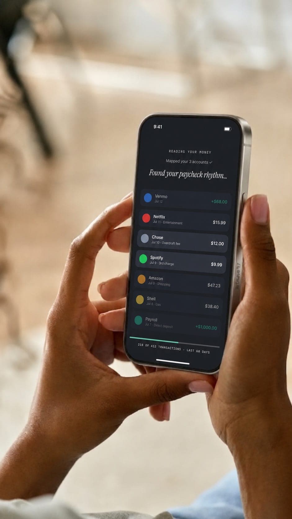 The Dovly AI app reading transactions across connected accounts, showing Venmo, Netflix, Chase and Spotify charges.