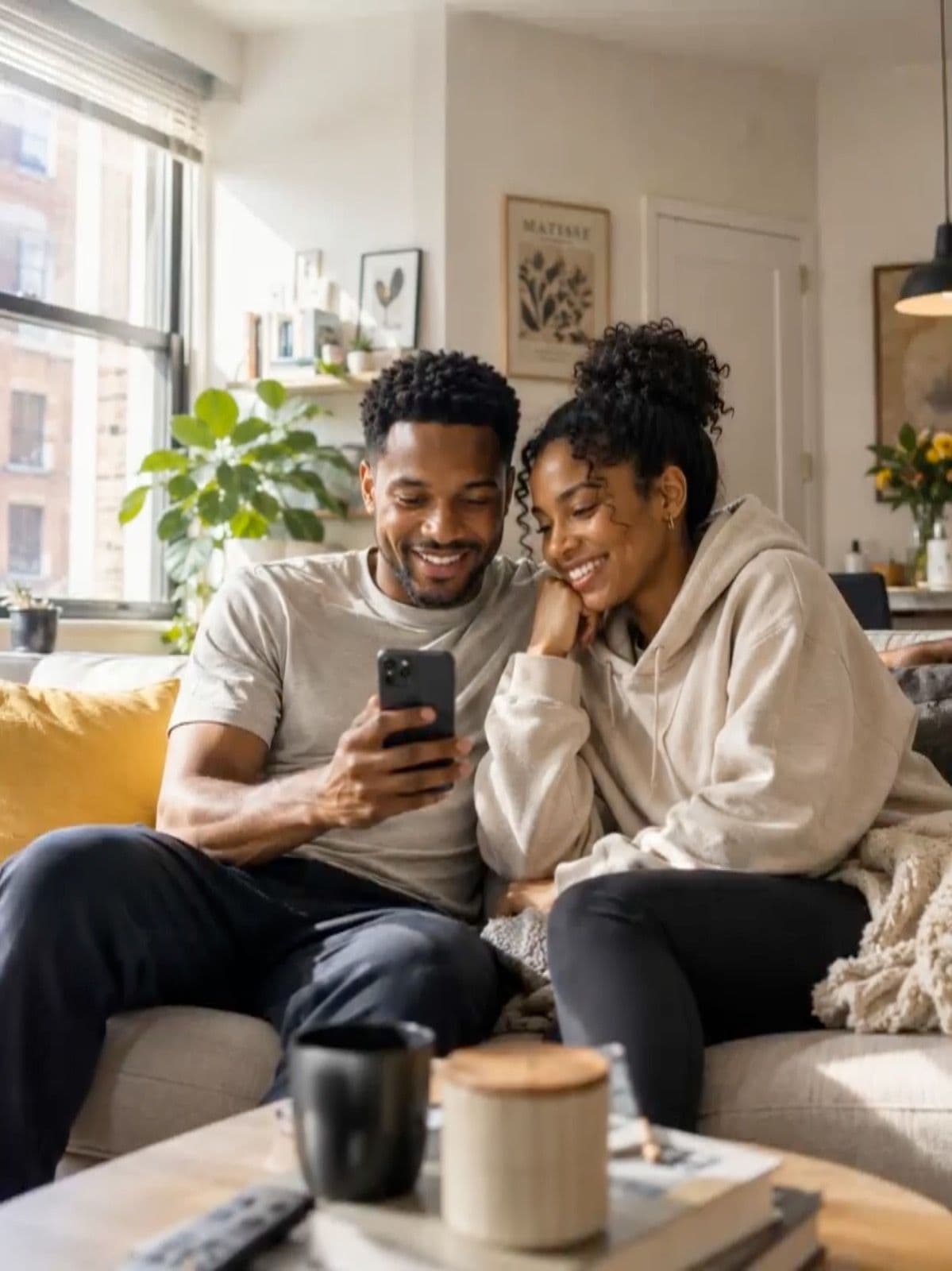 Couple on a couch smiling while looking at a phone together