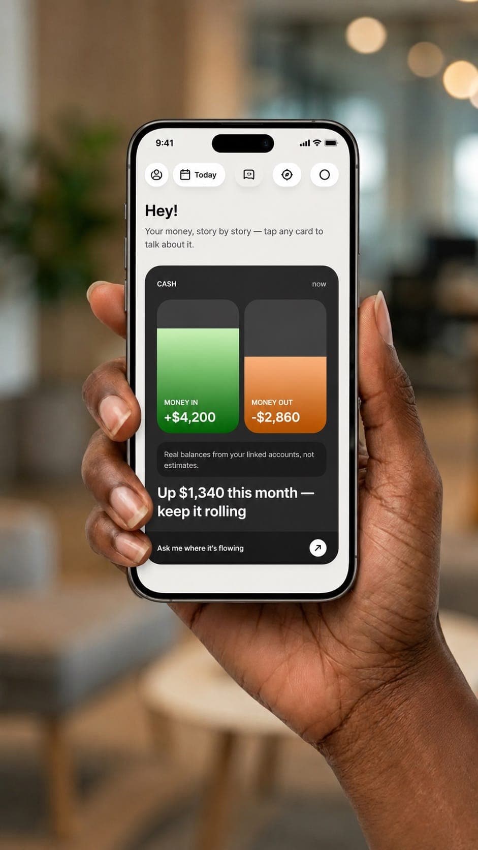 The Dovly AI Today view showing money in and money out for the month from linked accounts.