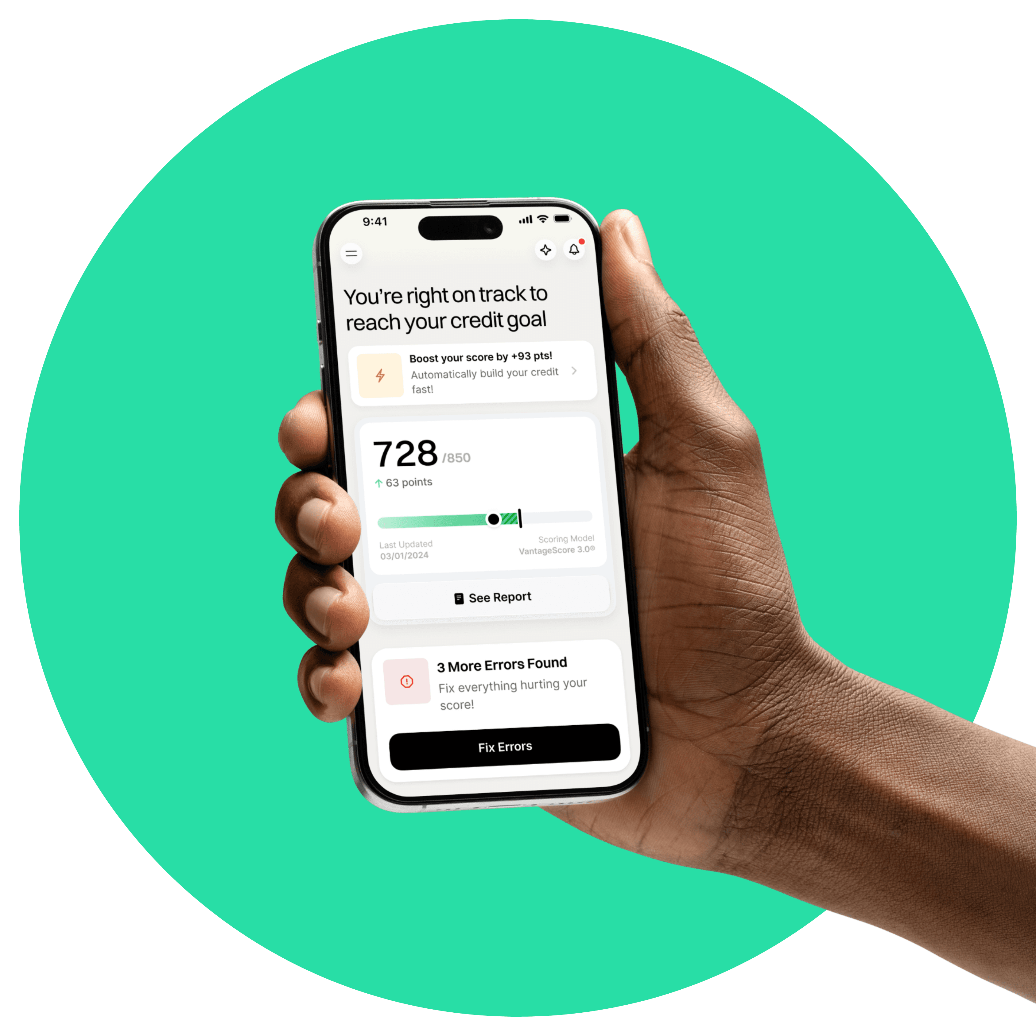 Hand holding a phone showing the Dovly AI app: a 728 credit score, +63 points, and a +93 point score-boost tip.