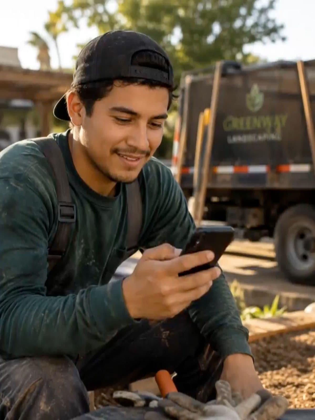 Landscaping crew member smiling at his phone during a work break